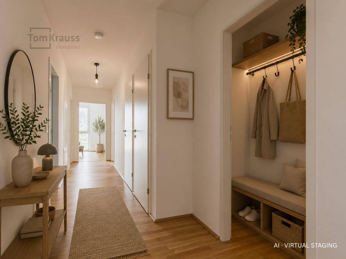 Freundlicher Flur mit Holzboden, Spiegel und integrierter Garderobe, modern inszeniert.