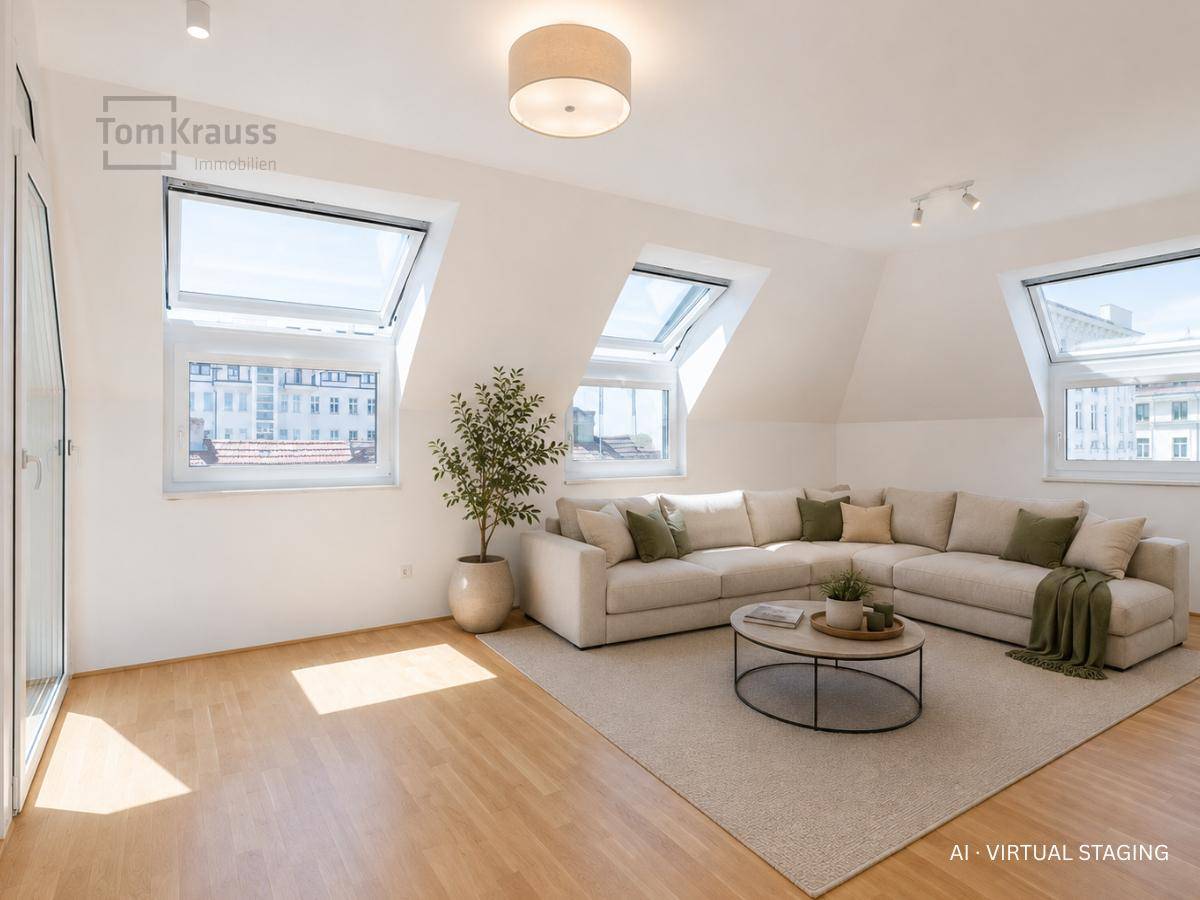 Virtuell inszeniertes Wohnzimmer mit großem Sofa, Teppich und viel Tageslicht durch Dachfenster.