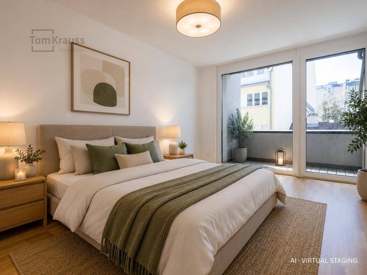 Virtuell inszeniertes Schlafzimmer mit Doppelbett und direktem Zugang zum Balkon.