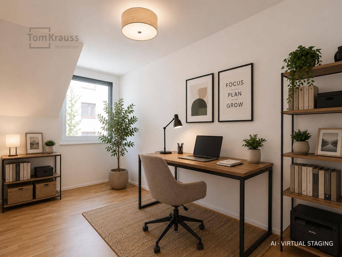 Virtuell inszeniertes Arbeitszimmer mit Schreibtisch, Stuhl und Regalen, hell und funktional.