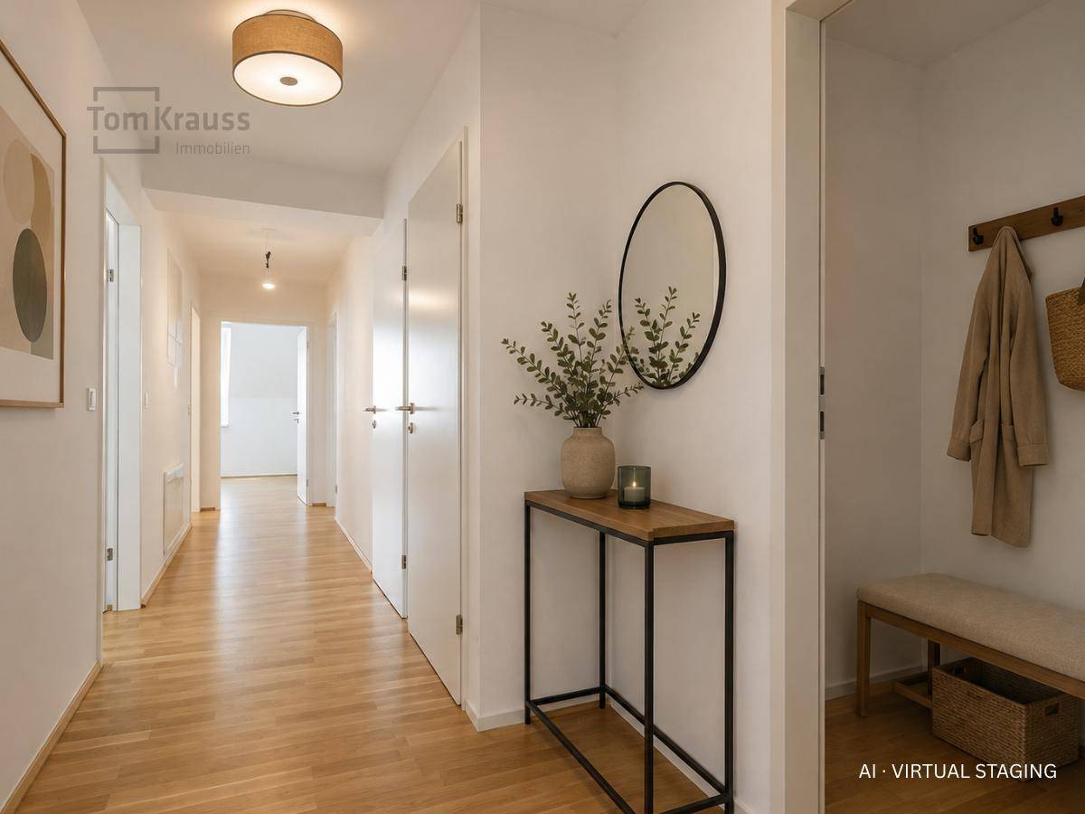 Virtuell inszenierter Flur mit Konsole, Spiegel und Garderobe, einladend gestaltet.