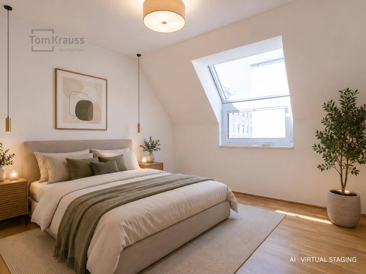 Virtuell inszeniertes Schlafzimmer mit Doppelbett, Nachttischen und Teppich unter einem Dachfenster.