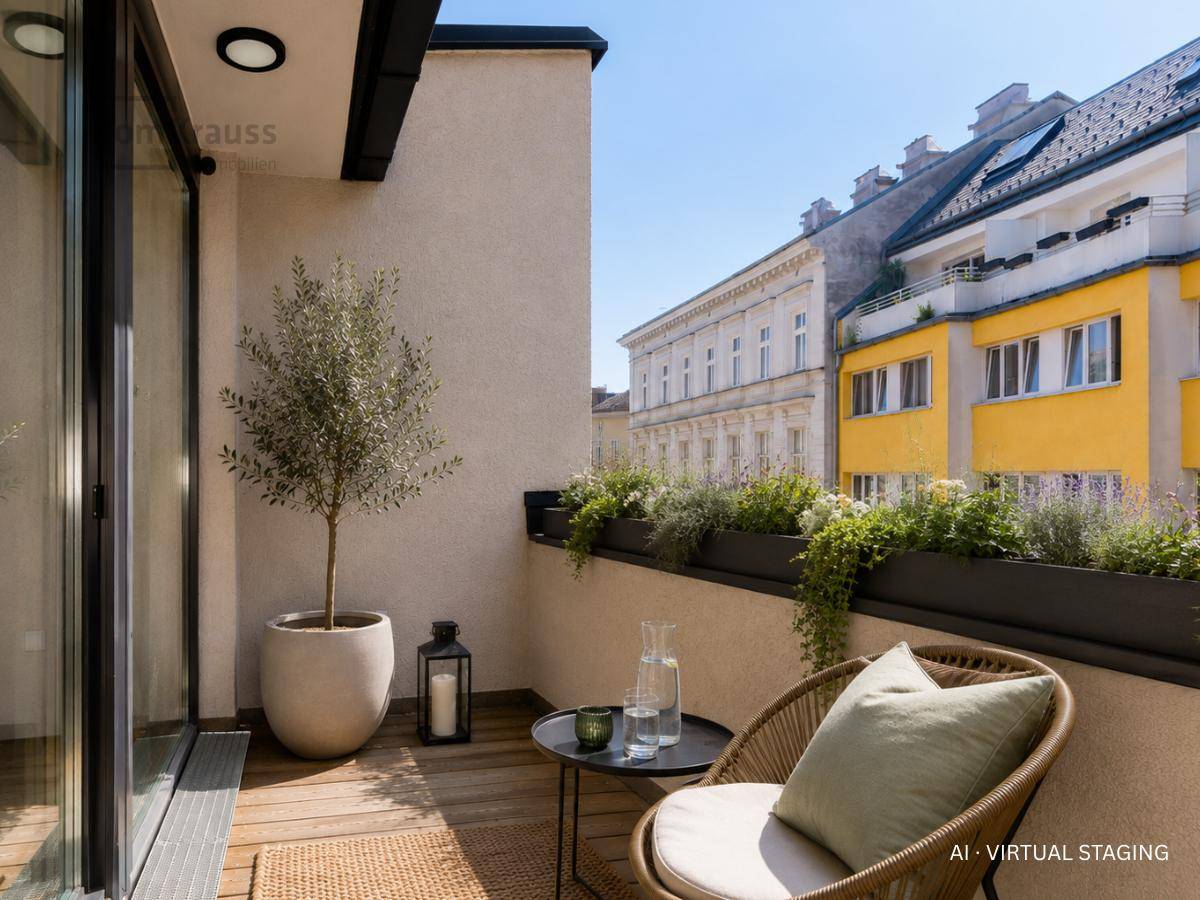 Virtuell inszenierter Balkon mit Sitzgelegenheiten, Pflanzen und Blick auf die Stadt.