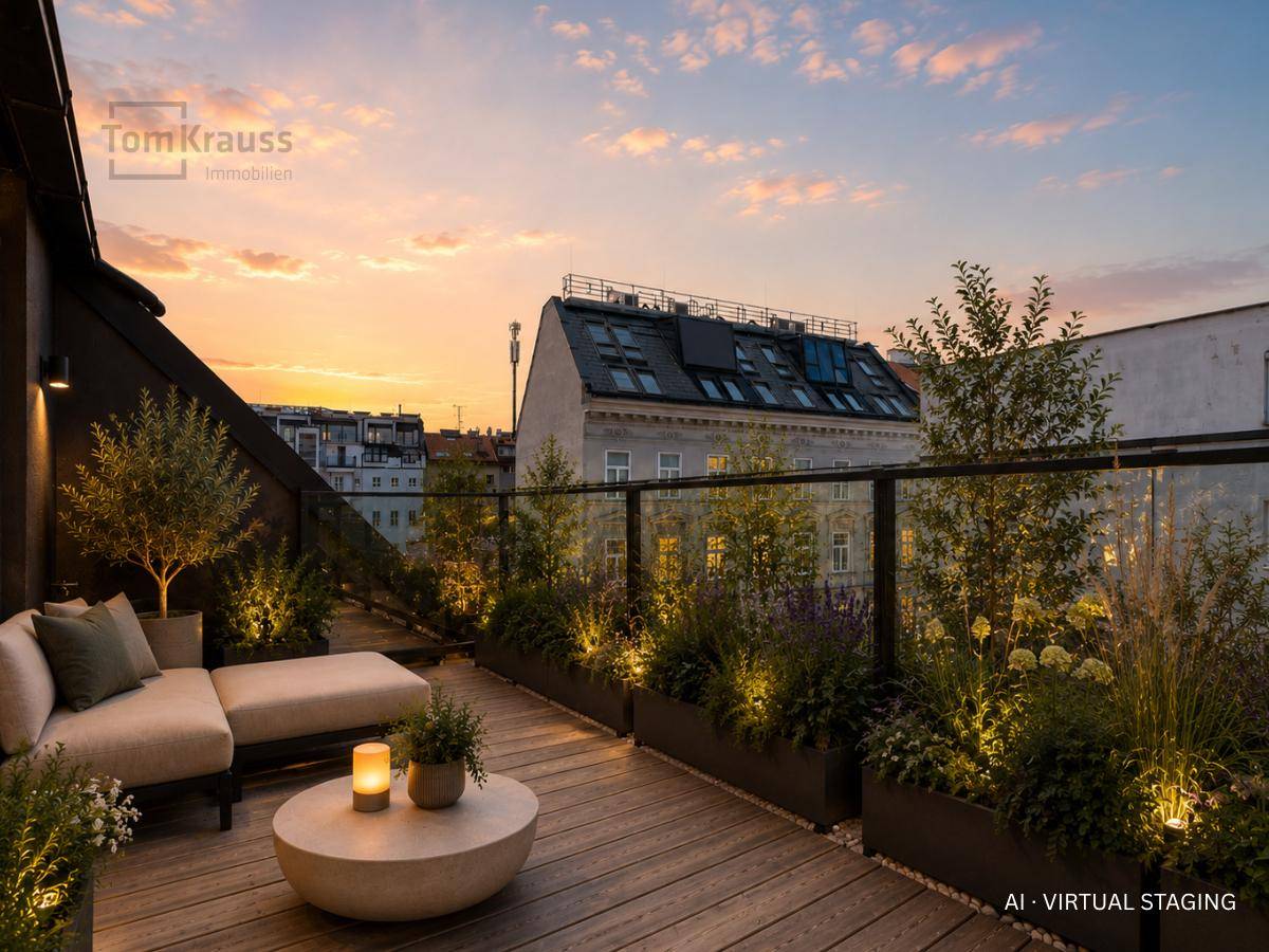 Gestaltete Dachterrasse bei Sonnenuntergang mit bequemen Sitzgelegenheiten und Pflanzen.