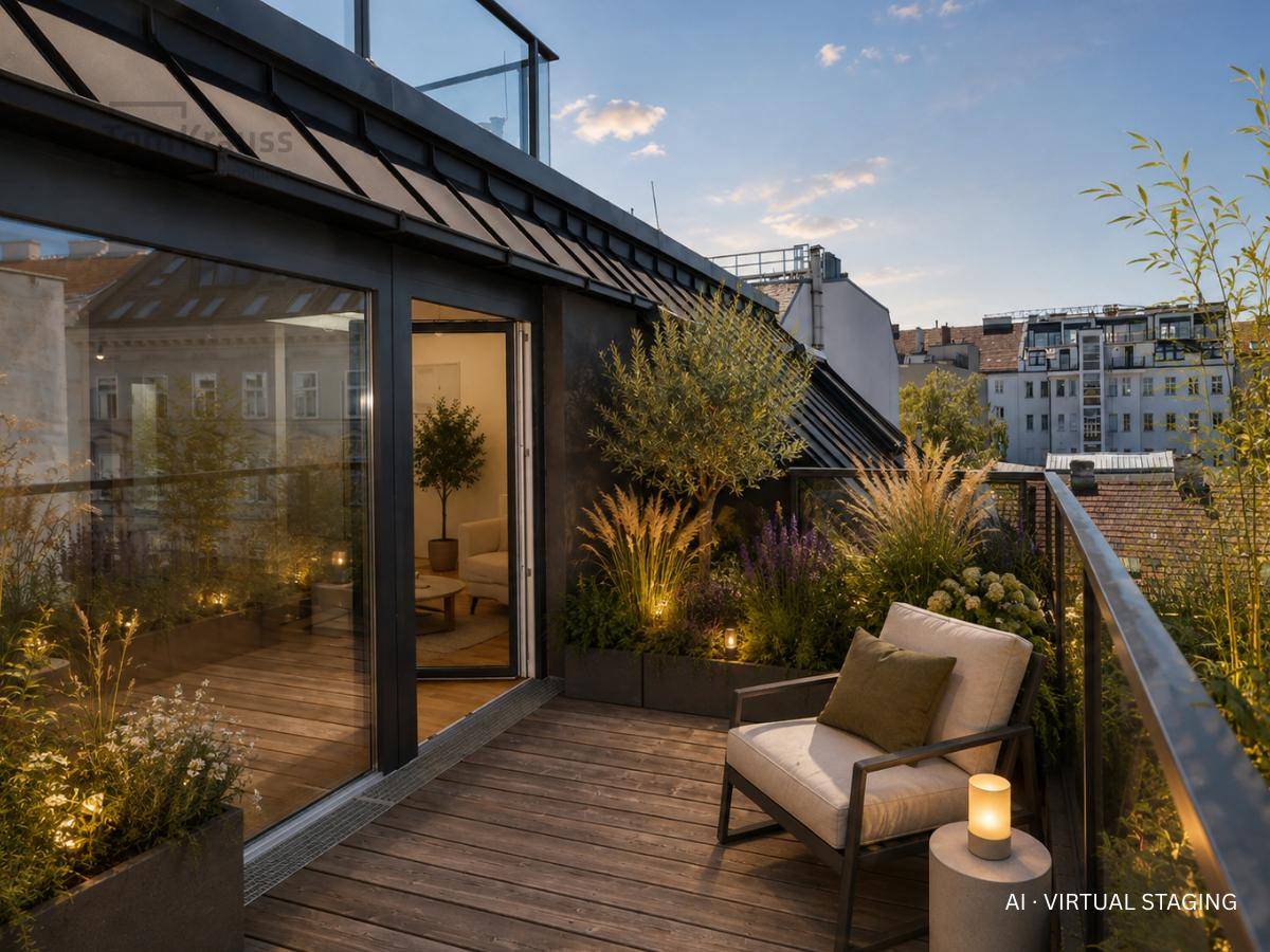 Stilvolle Dachterrasse mit Sitzgelegenheit und Pflanzen, bietet einen Blick auf die Umgebung.