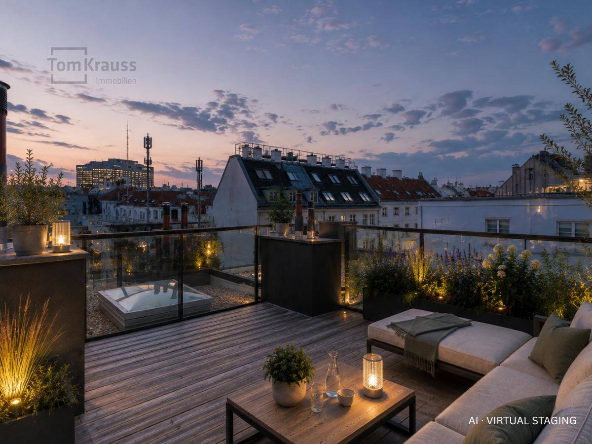 Stimmungsvolle Dachterrasse bei Sonnenuntergang mit bequemen Möbeln und Beleuchtung.