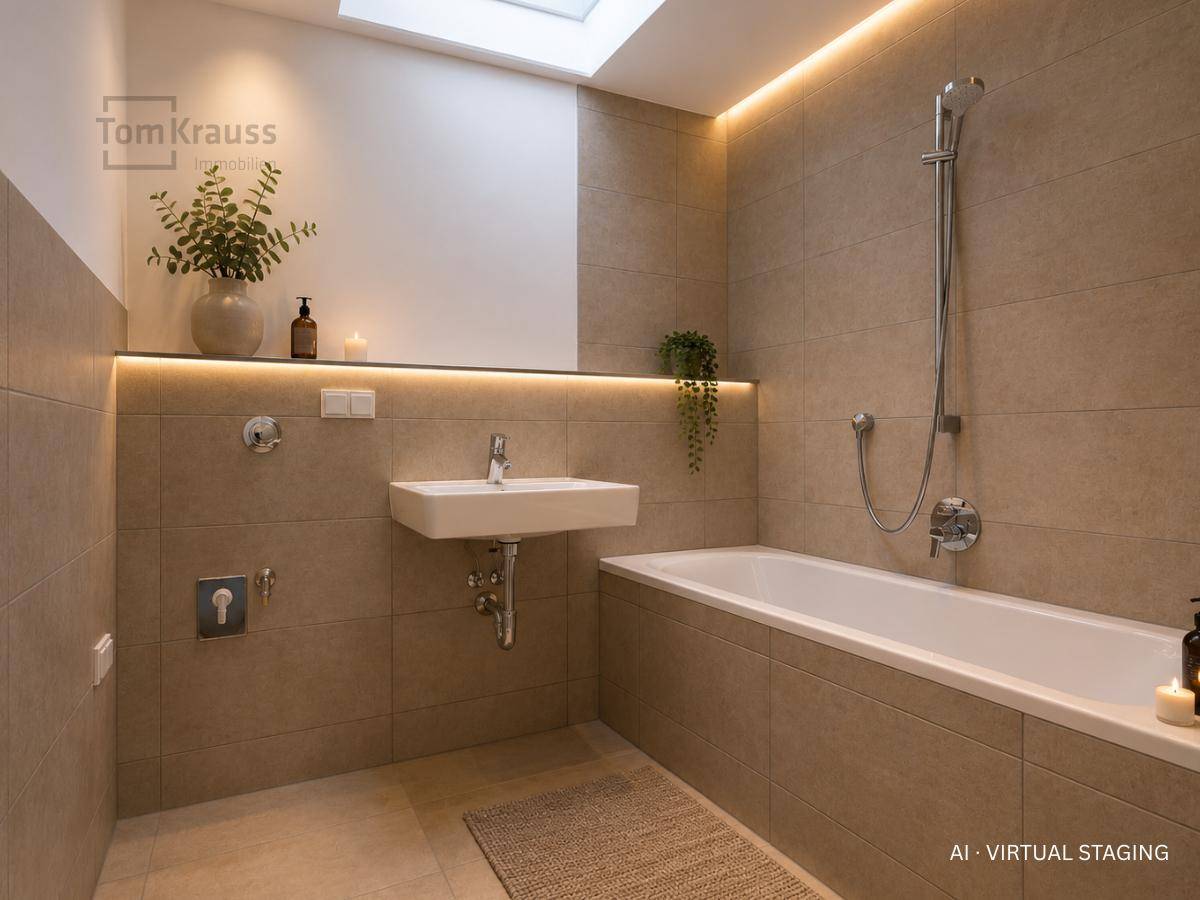 Modernes Badezimmer mit beigefarbenen Fliesen, Badewanne und indirekter Beleuchtung.