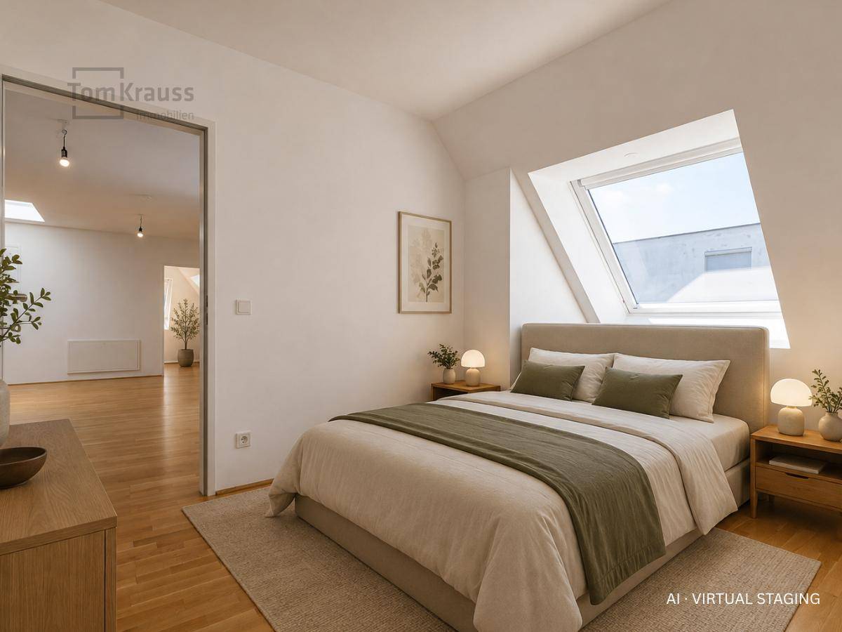 Gemütliches Schlafzimmer mit Holzboden, Dachfenster und moderner Einrichtung.