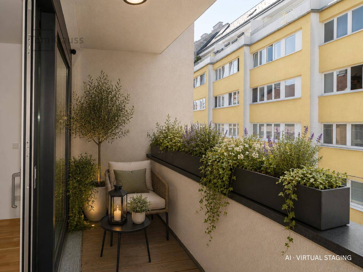 Gemütlicher Balkon mit Pflanzen und Sitzgelegenheit, mit Blick auf ein Nachbargebäude.