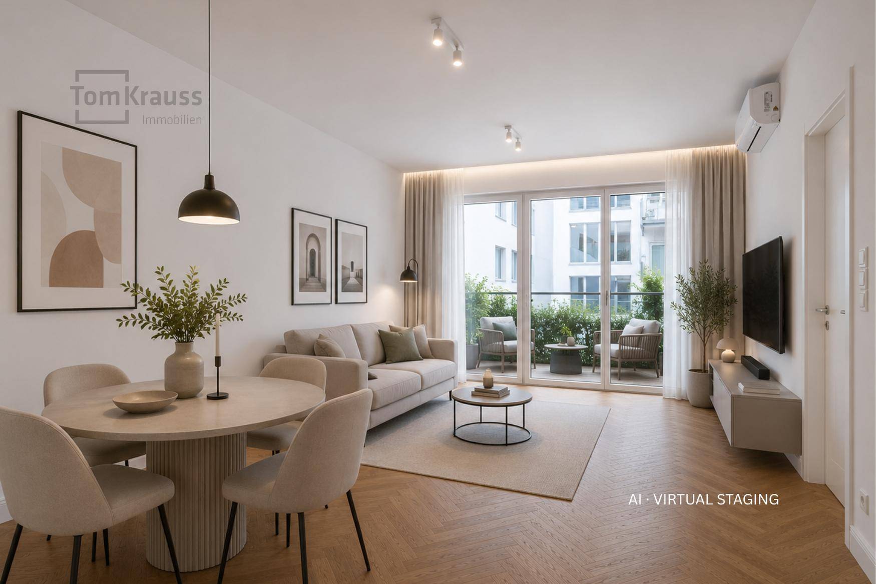 Heller Wohn- und Essbereich mit modernem Mobiliar, Holzboden und Zugang zu einem Balkon.