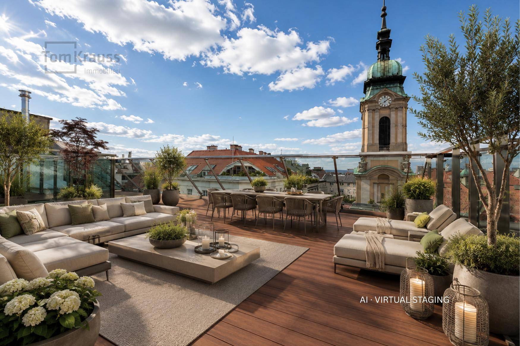 Geräumige Dachterrasse mit luxuriösen Lounge-Möbeln, Essbereich und Panoramablick auf die Stadt und eine Kirche.