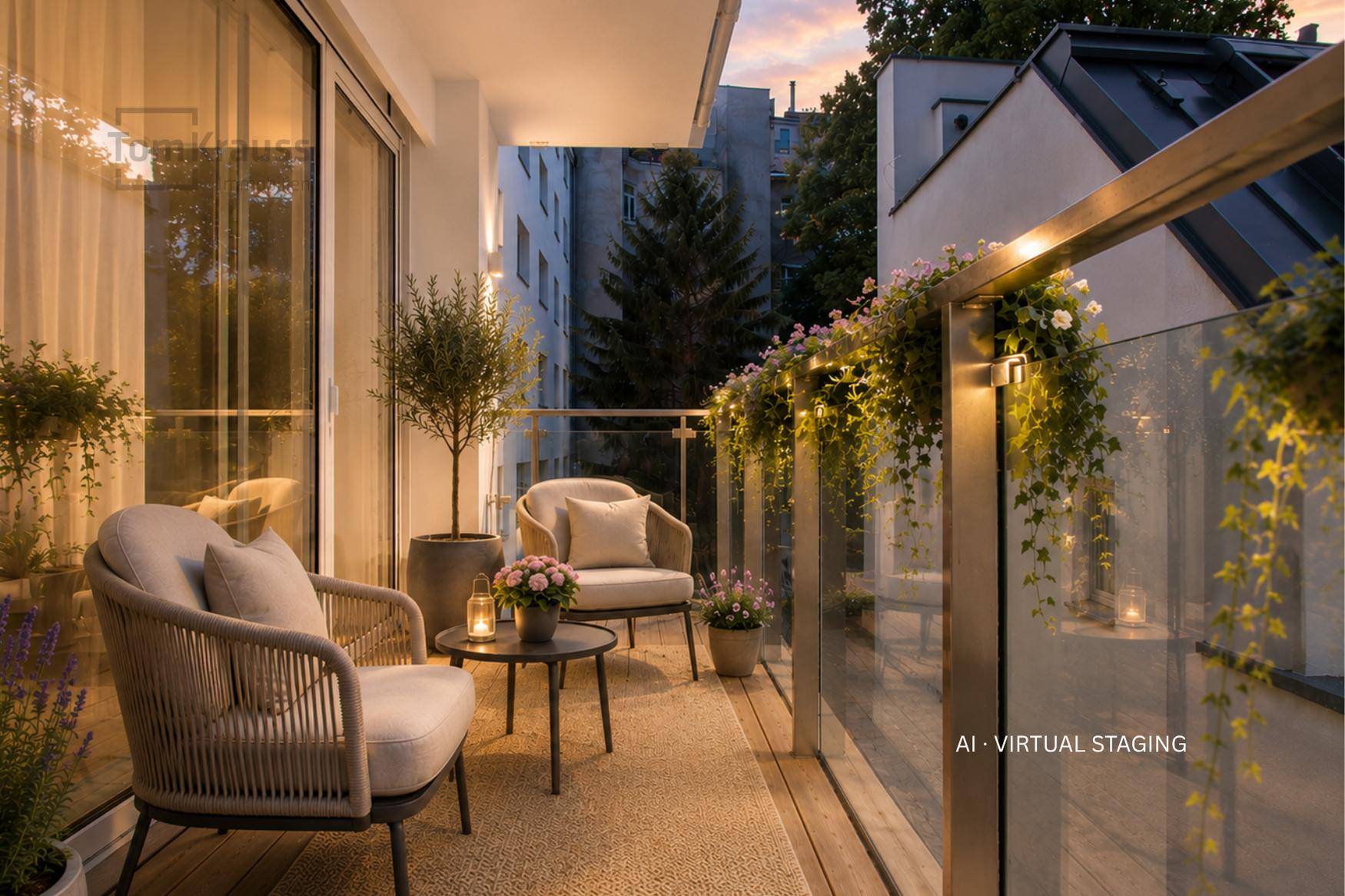 Gemütlicher Balkon mit Sitzgelegenheiten, Pflanzen und stimmungsvoller Beleuchtung am Abend.