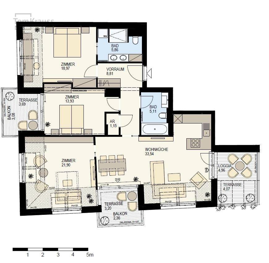 Detaillierter Grundriss einer Wohnung mit drei Zimmern, zwei Bädern und mehreren Balkonen.