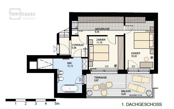Grundriss des ersten Dachgeschosses mit Schlafzimmern, Bad, Terrasse und Balkon.