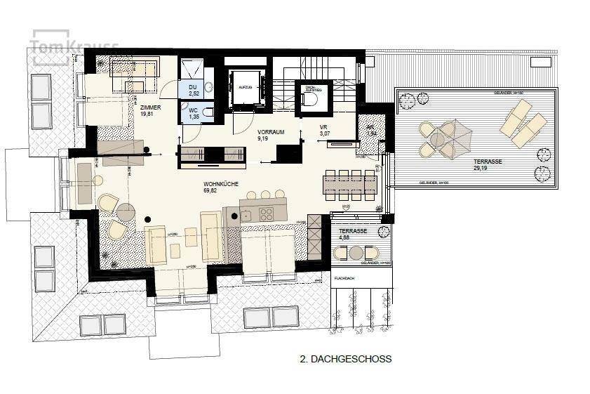 Grundriss des zweiten Dachgeschosses mit Wohnküche, Zimmern und großer Terrasse.