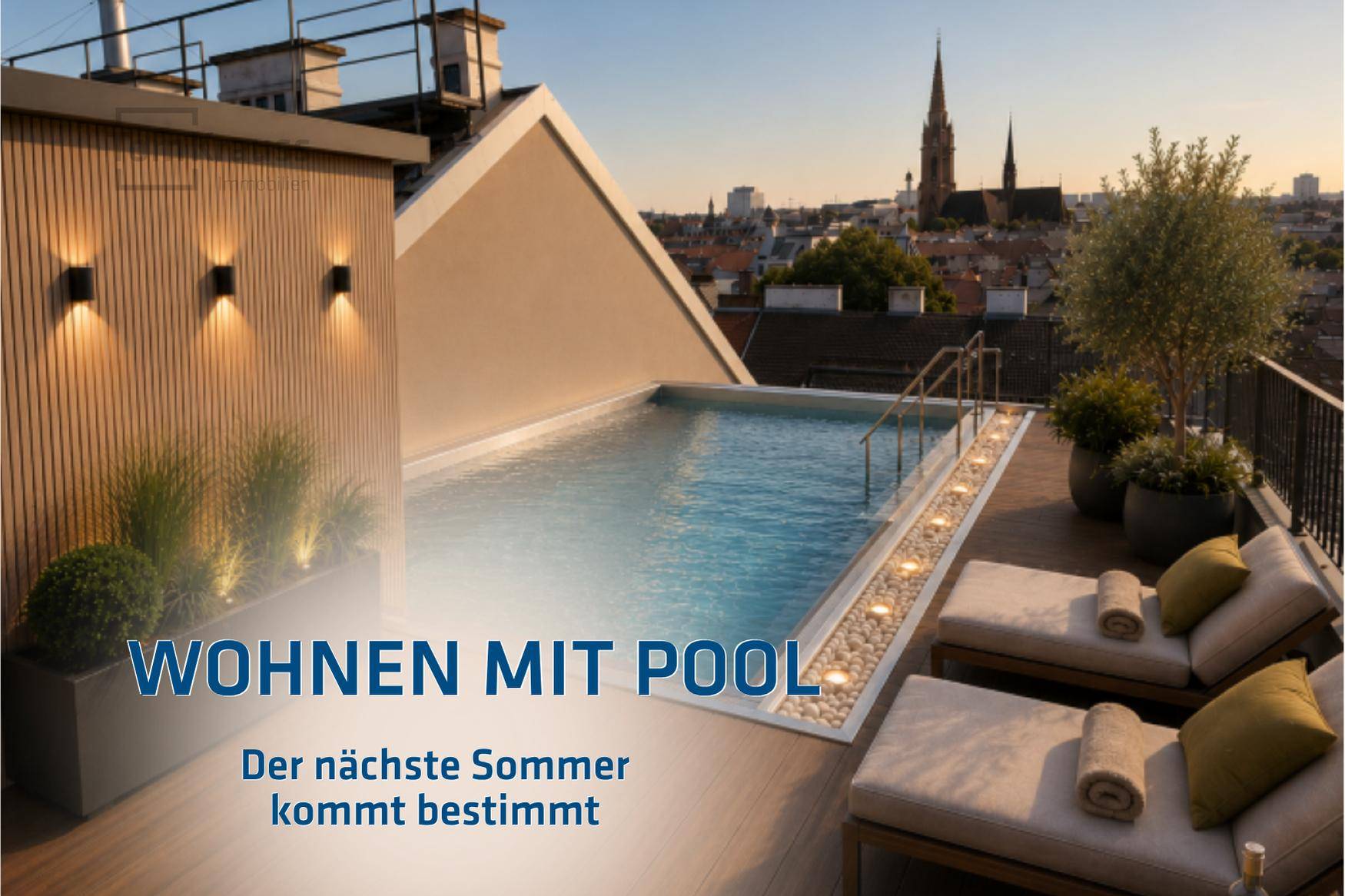 Exklusiver Dachterrassenpool mit Holzdeck, Sonnenliegen und weitem Stadtblick.