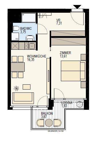 Grundriss einer Wohnung mit Wohnküche, Schlafzimmer, Bad, Loggia und Balkon.