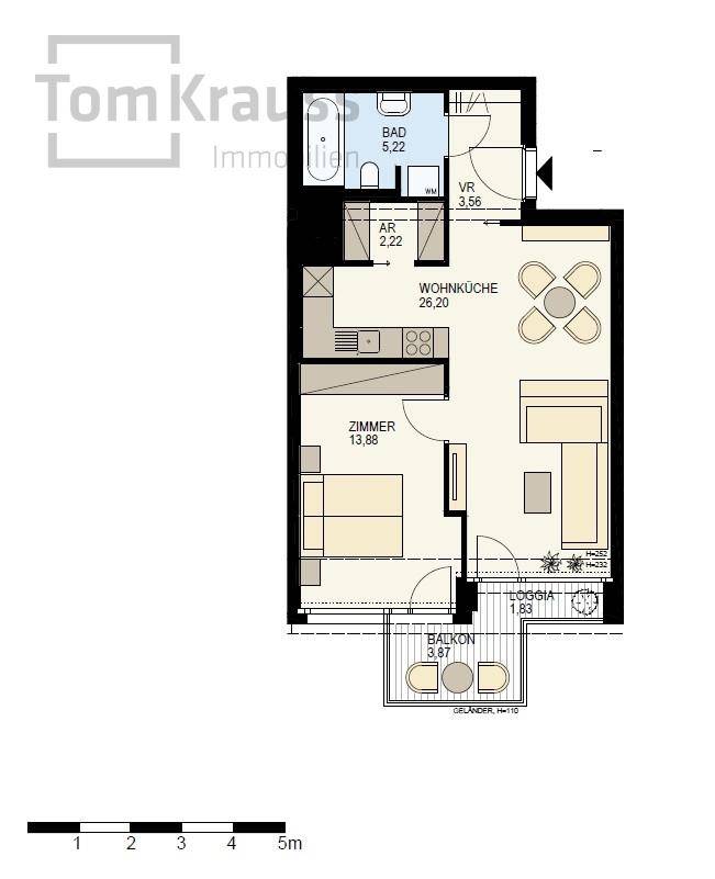 Grundriss einer Wohnung mit Wohnküche, Schlafzimmer, Bad, Balkon und Loggia.
