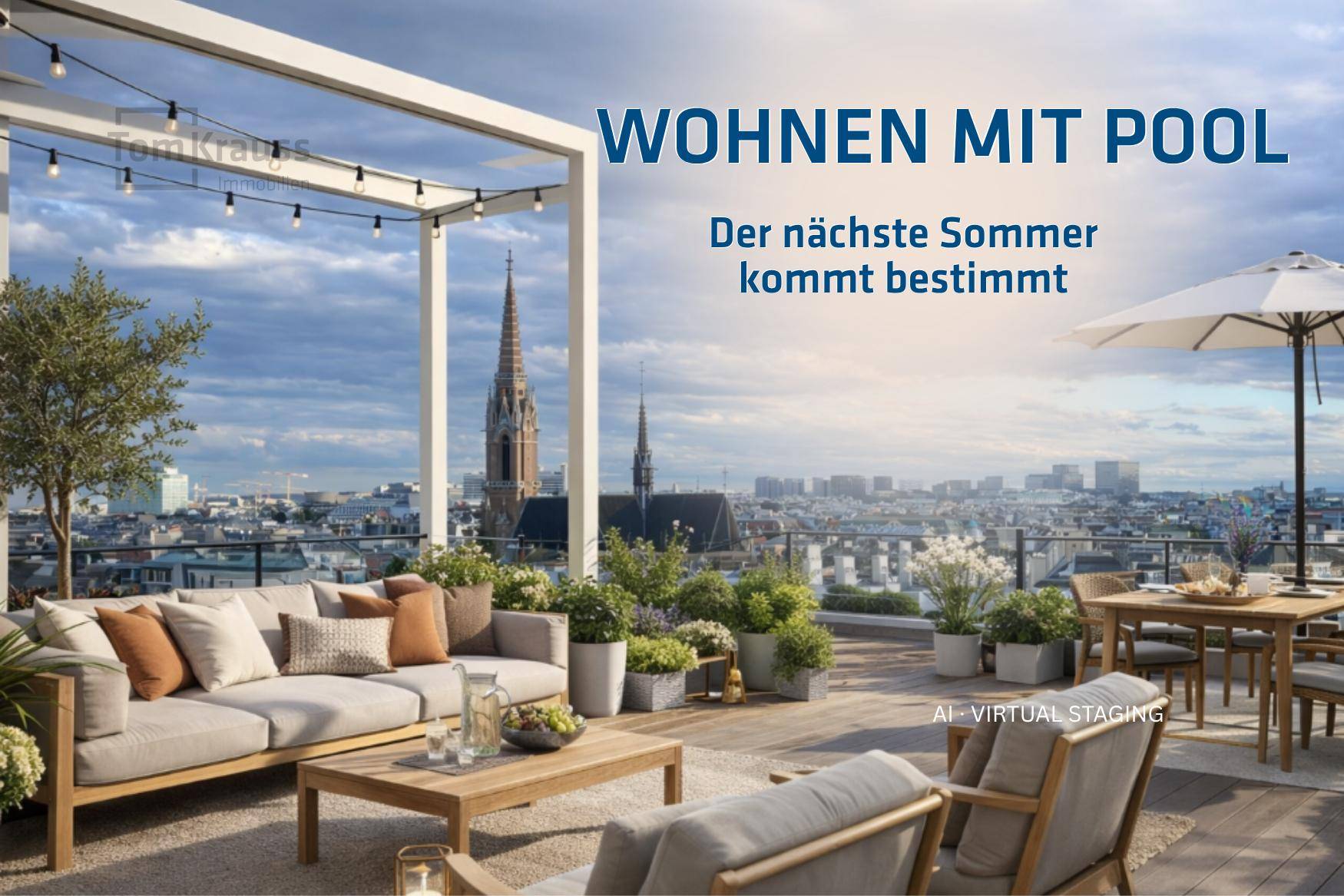 Großzügige Dachterrasse mit stilvollen Loungemöbeln und Panoramablick über die Stadt, beworben als Wohnen mit Pool.