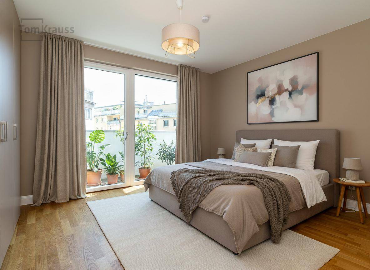Modernes Schlafzimmer mit großem Bett, Holzboden und Zugang zu einem kleinen Balkon mit Pflanzen.