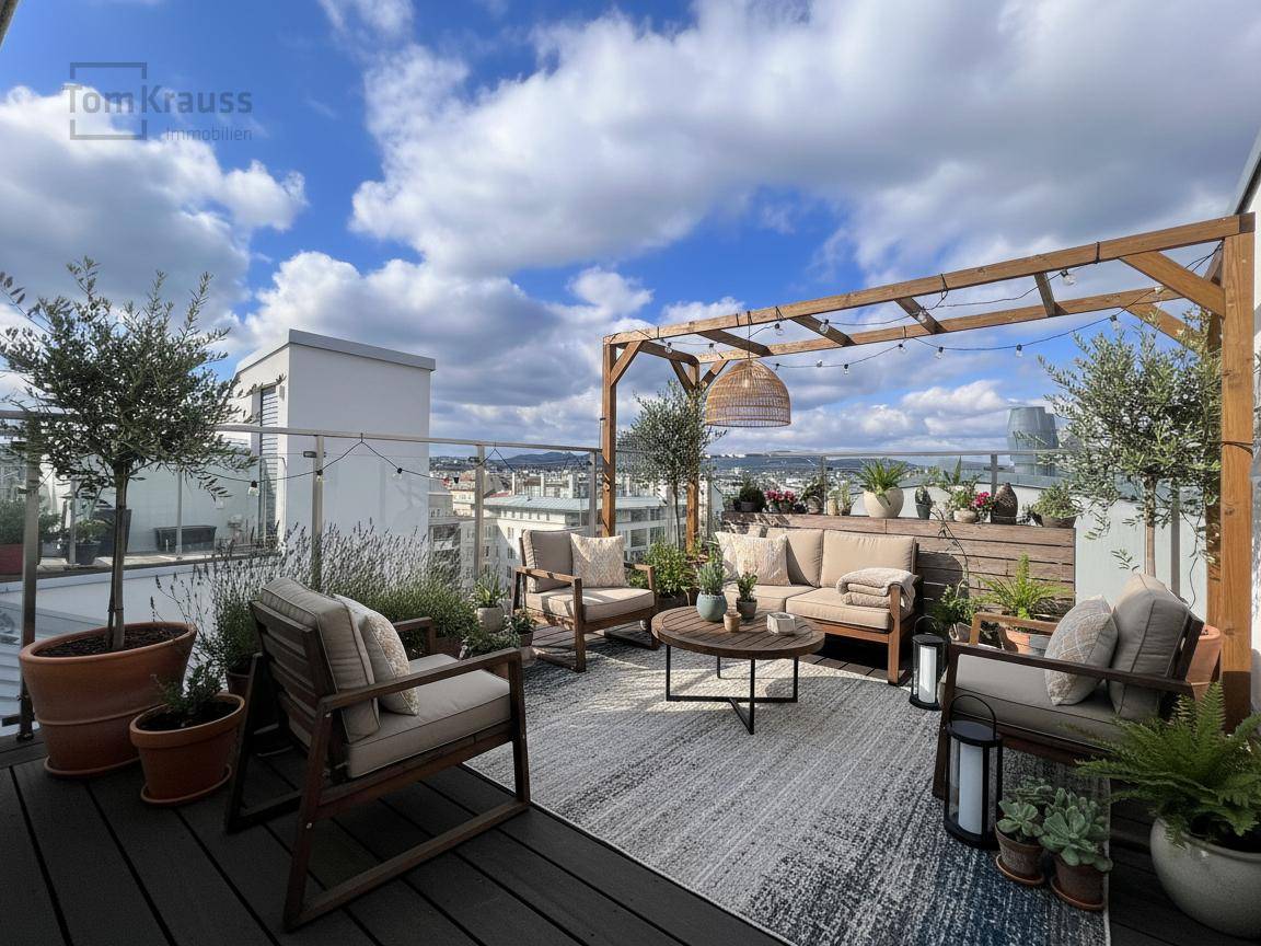 Geräumige Dachterrasse mit stilvollen Outdoor-Möbeln und üppiger Bepflanzung unter blauem Himmel.