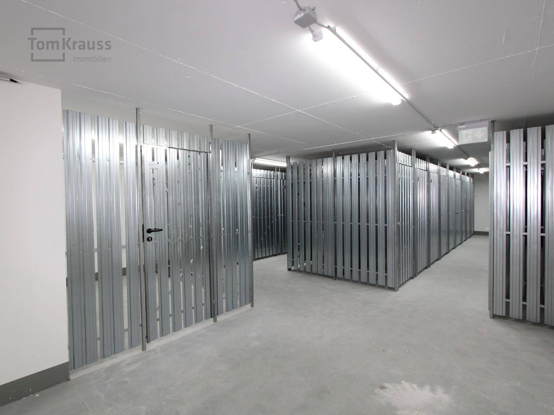 Geräumiger Abstellraum im Untergeschoss mit individuellen Lagerabteilen aus Metall.