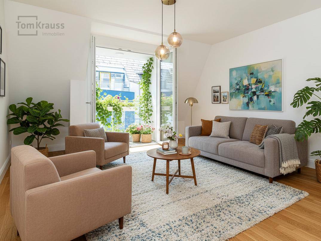 Helles Wohnzimmer mit bequemen Sitzmöbeln und großem Zugang zu einem begrünten Außenbereich.