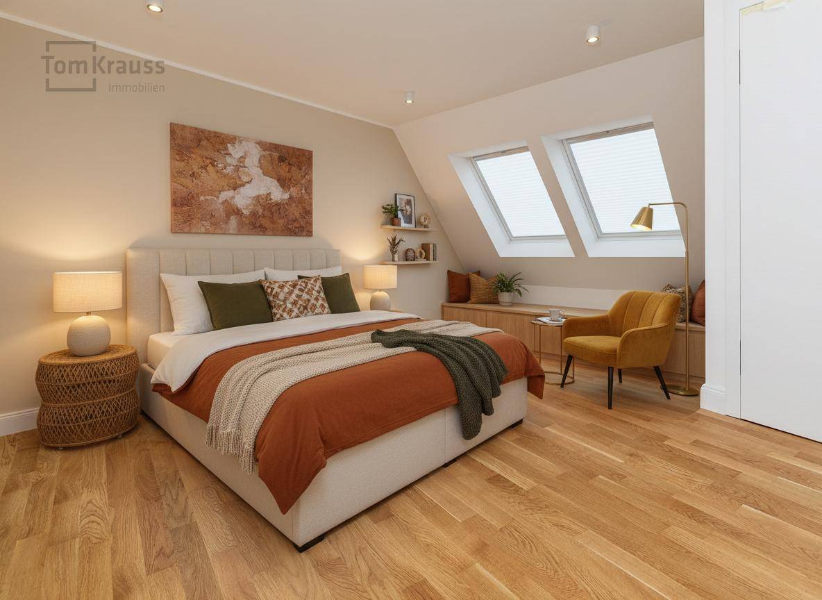 Gemütliches Schlafzimmer mit Dachschrägen, Dachfenstern und moderner Einrichtung.