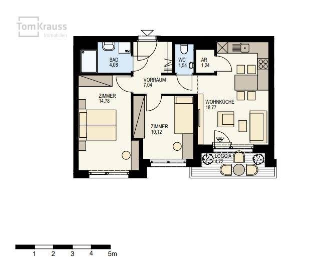 Grundriss einer Wohnung mit zwei Zimmern, Wohnküche, Bad, WC und Loggia.