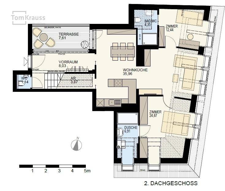 Grundriss des zweiten Dachgeschosses mit Wohnküche, mehreren Zimmern, Bad und großer Terrasse.
