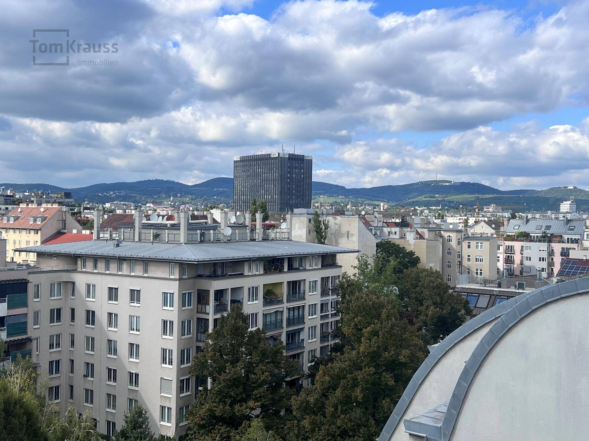 Weitläufiger Blick über die Stadt mit Gebäuden und bewaldeten Hügeln im Hintergrund.