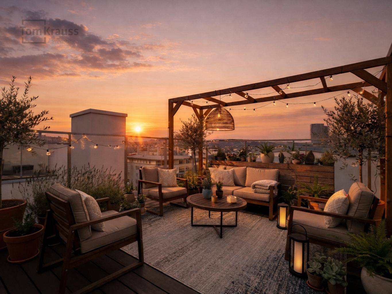Stimmungsvolle Dachterrasse bei Sonnenuntergang mit gemütlicher Sitzecke, Pflanzen und Stadtpanorama.