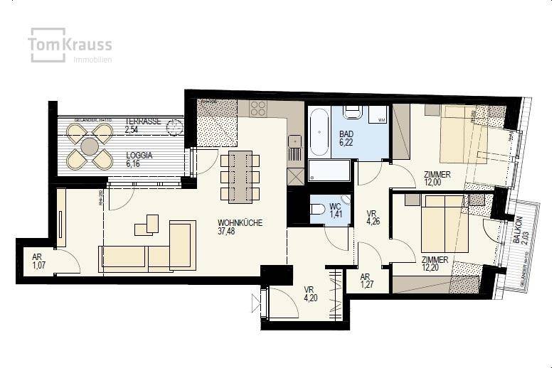 Detaillierter Grundriss einer Wohnung mit Terrasse, Loggia und Balkon.
