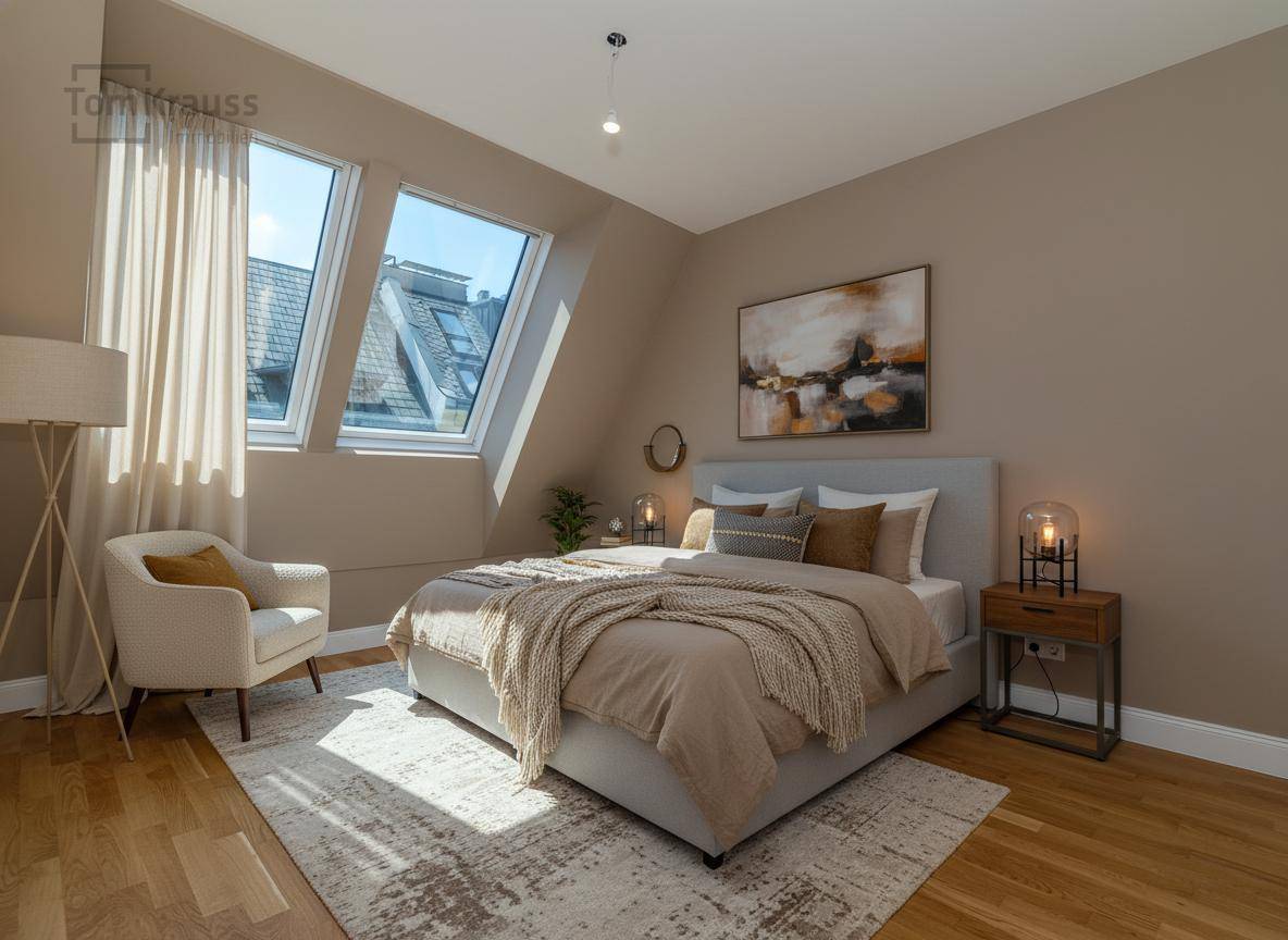 Gemütliches Schlafzimmer mit Dachschrägen, Holzboden und zwei Dachfenstern für viel Tageslicht.