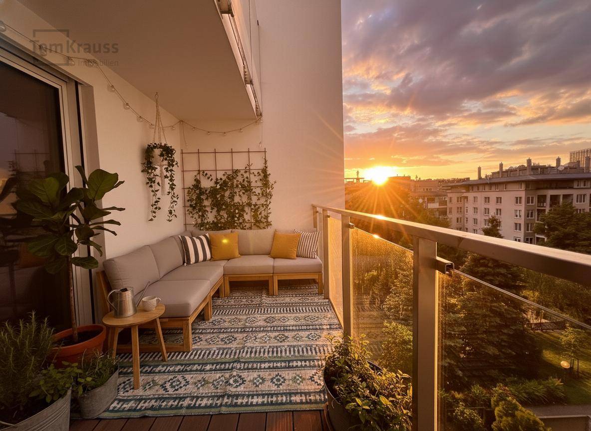 Gemütlicher Balkon mit Sitzgelegenheiten und Pflanzen, der einen schönen Sonnenuntergang über der Stadt zeigt.