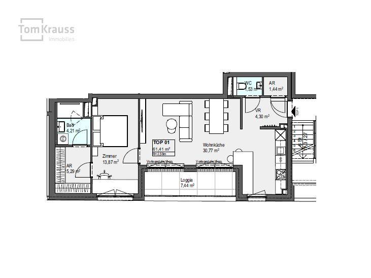 Grundriss einer Wohnung mit Wohnküche, Zimmer, Bad und Loggia.