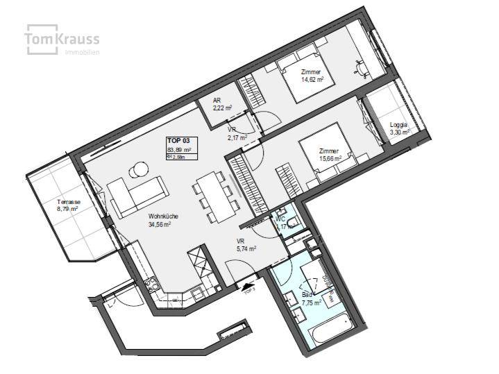 Grundriss der Wohnung Top 03 mit Terrasse, Loggia und drei Zimmern.