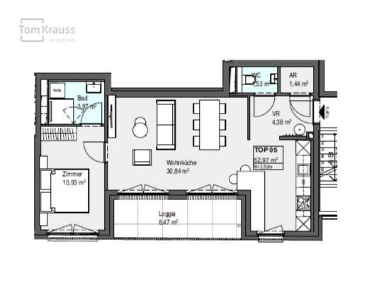 Grundriss für Wohnung TOP 05 mit Wohnküche, Schlafzimmer, Bad, WC und Loggia.
