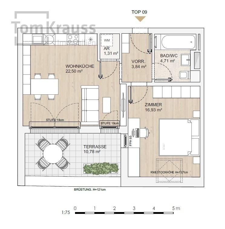 Grundriss für Top 09 mit Wohnküche, Schlafzimmer, Bad und Terrasse.