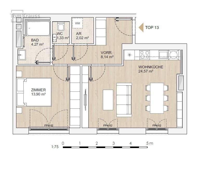 Grundriss der Wohnung Top 13 mit Wohnküche, Zimmer, Bad und WC.