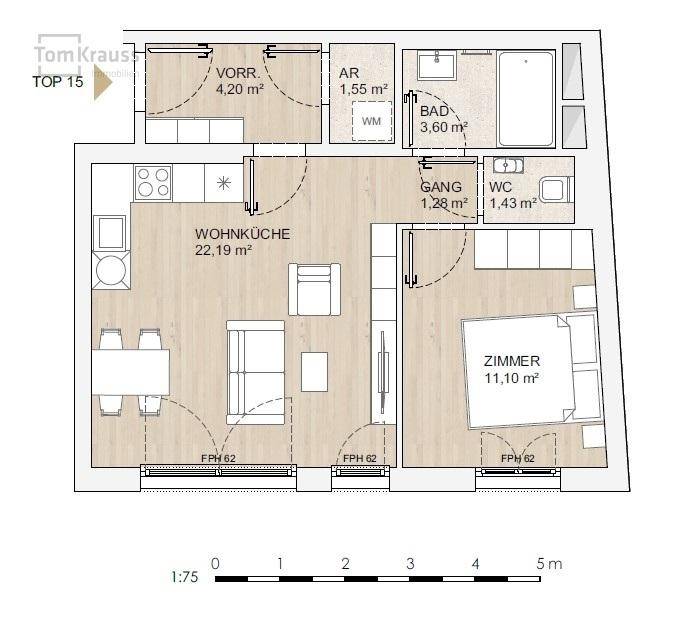 Grundriss einer Wohnung mit Wohnküche, Schlafzimmer, Bad und separatem WC.