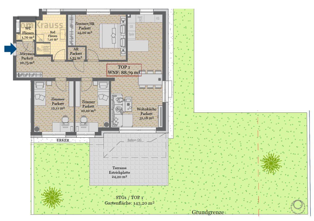 Detaillierter Grundriss einer Wohnung mit Terrasse, Garten und mehreren Zimmern.