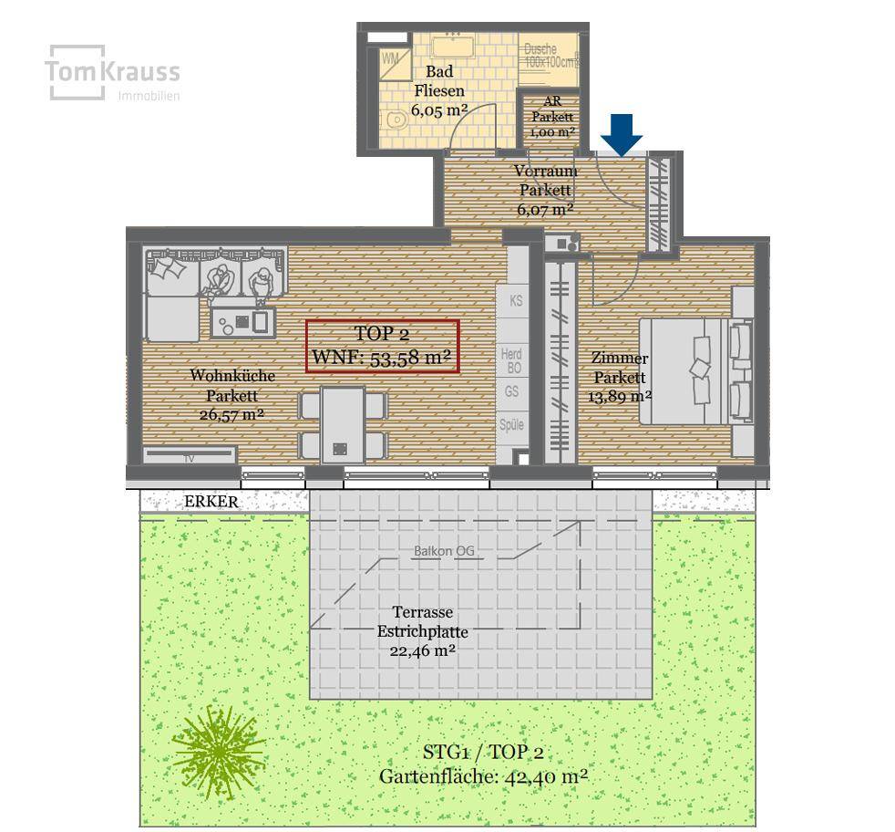 Grundriss für Top 2 mit Wohnküche, Zimmer, Bad, Vorraum, Terrasse und Gartenfläche.