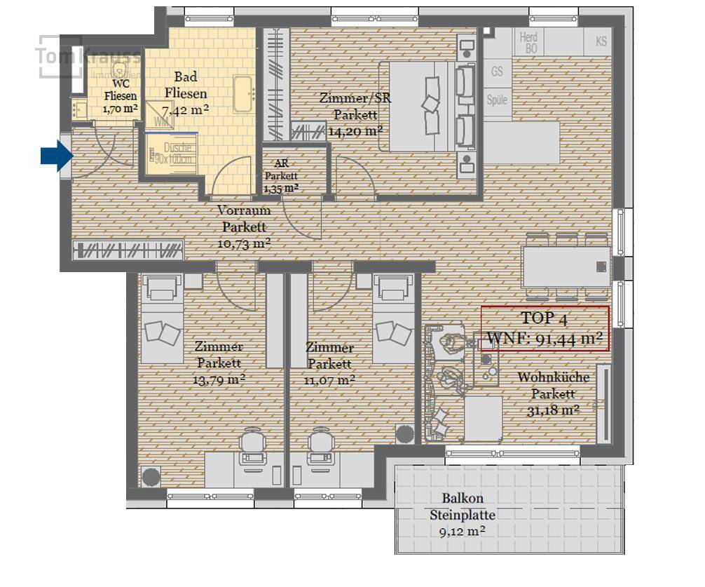 Grundriss der Wohnung TOP 4 mit 91,44 m² Wohnfläche und Balkon.