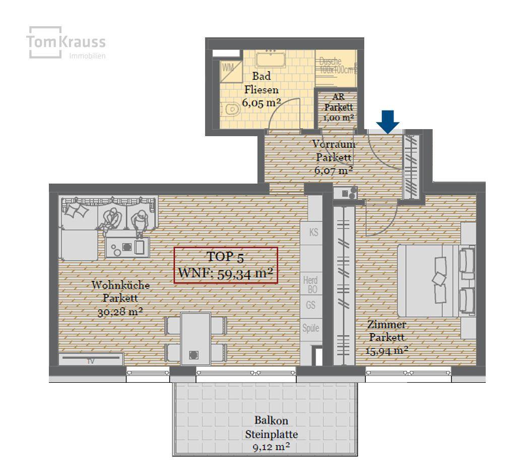 Detaillierter Grundriss einer Wohnung mit Wohnküche, Schlafzimmer und Balkon.