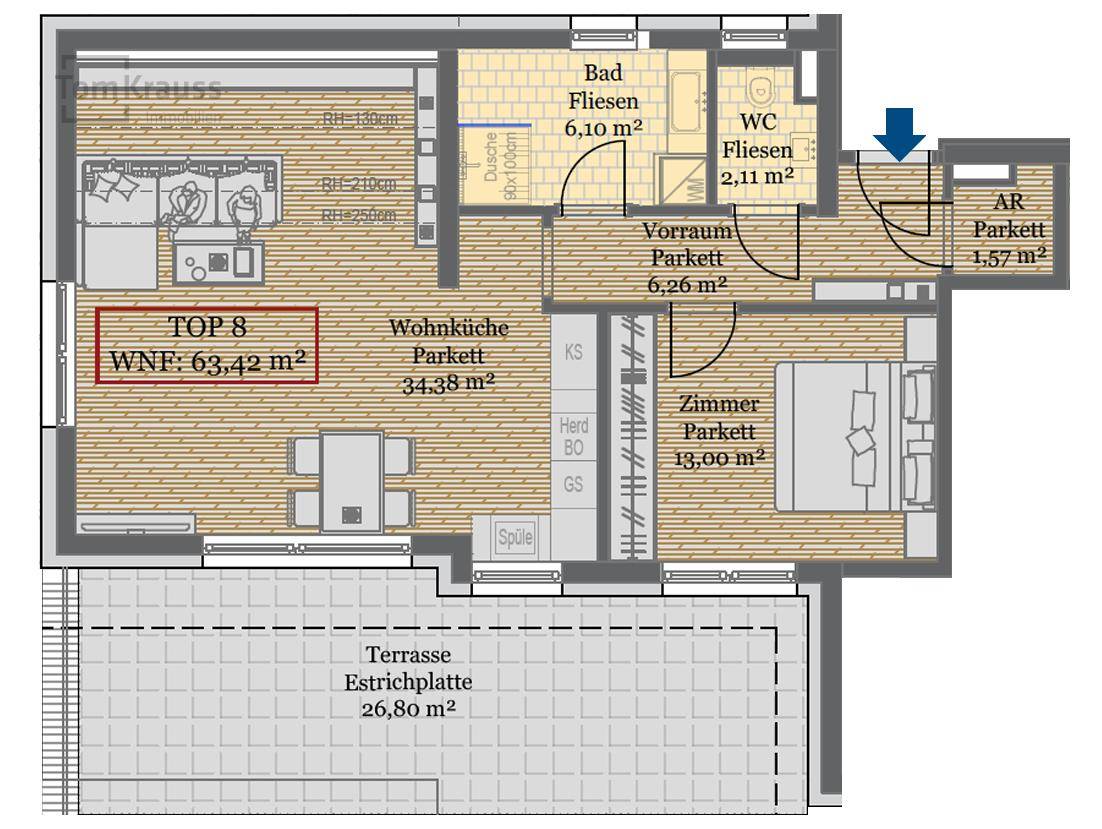 Grundriss einer Wohnung mit Wohnküche, Schlafzimmer, Bad, WC und Terrasse.
