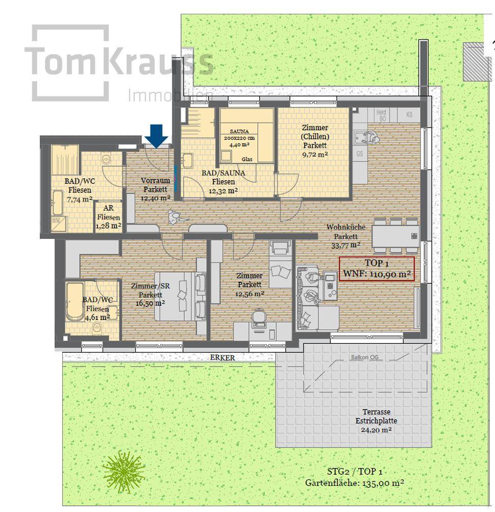 Detaillierter Grundriss mit Wohnküche, Sauna und Terrasse im Erdgeschoss.