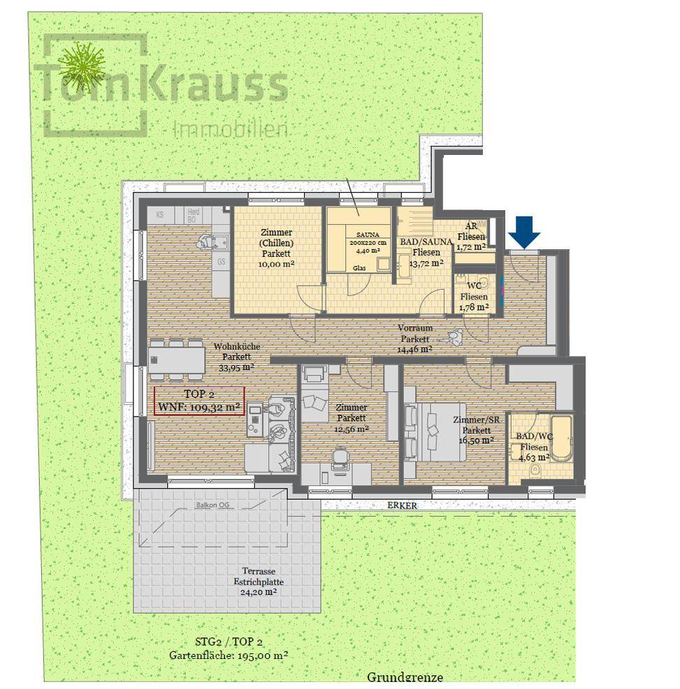 Detaillierter Grundriss einer Wohnung mit drei Zimmern, zwei Bädern und großer Terrasse.