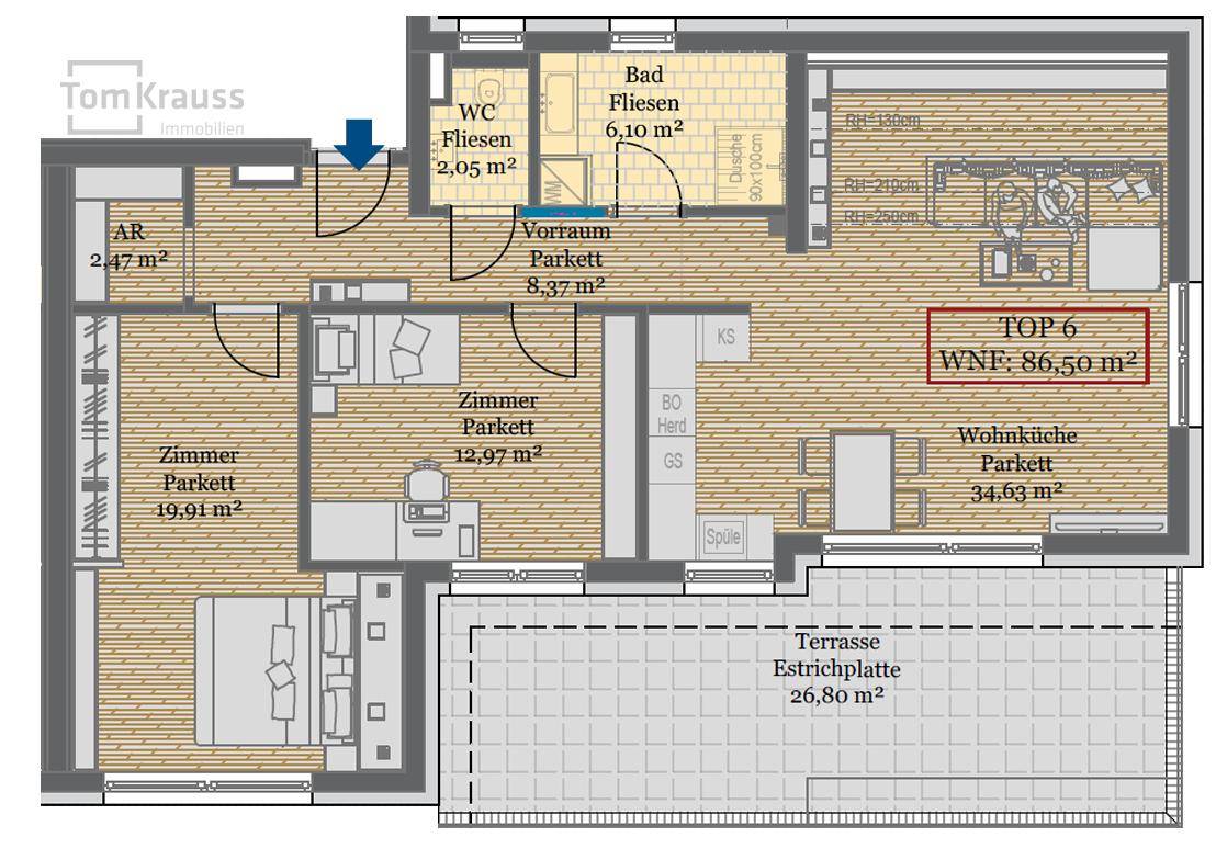 Grundriss der Wohnung Top 6 mit Wohnküche, zwei Zimmern, Bad und Terrasse.