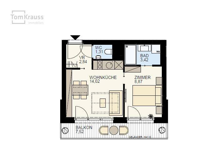 Grundriss einer Wohnung mit Wohnküche, Zimmer, Bad und Balkon.